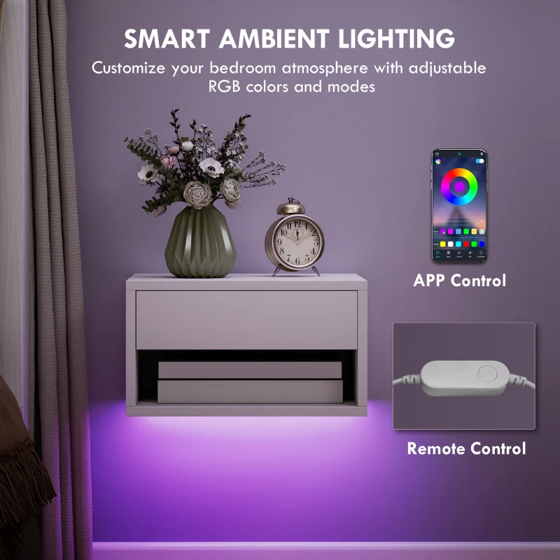 HOMCOM Zestaw stolików nocnych 2 szt. z oświetleniem RGB-LED, unoszący się stolik nocny z szufladą i otwartą półką, biały