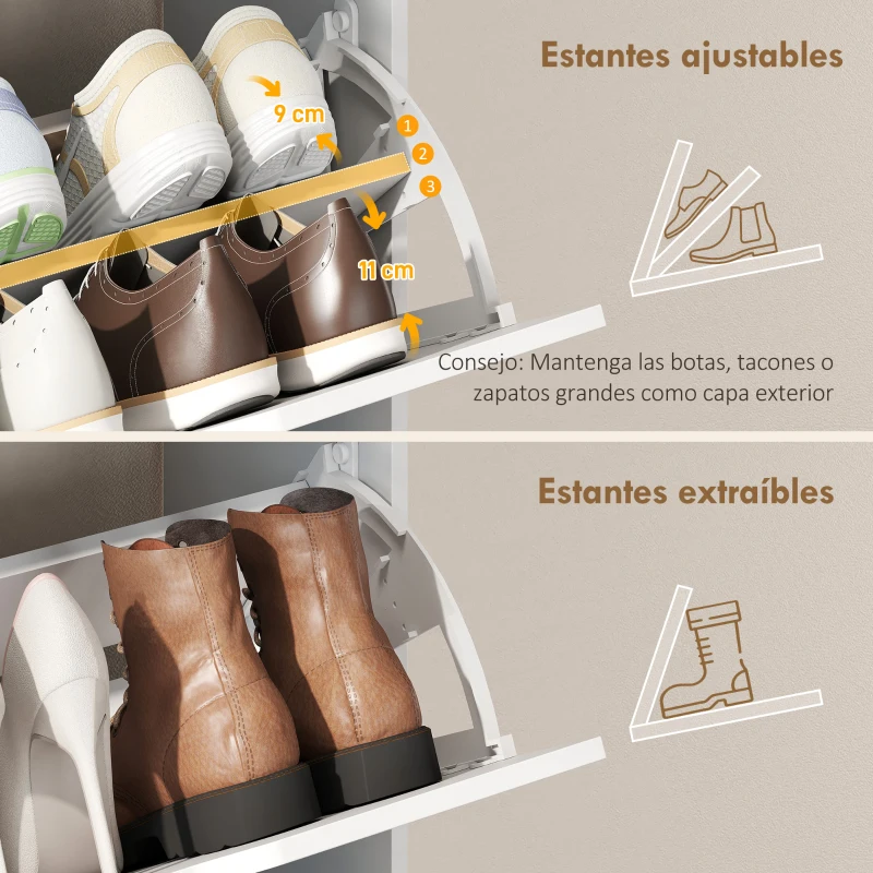 HOMCOM Zapatero Estrecho con 3 Cajones Abatibles Estantes Ajustables y Compartimento Abierto Capacidad para 12-18 Pares Blanco