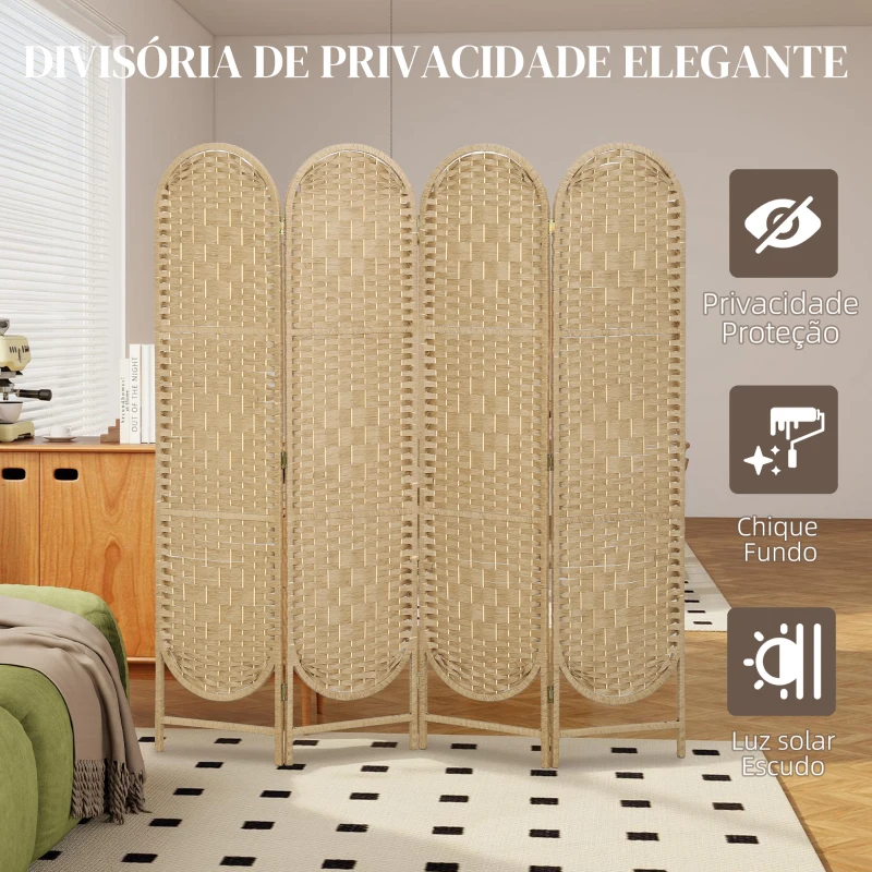 HOMCOM Biombo Separador de 4 Painéis 160x170 cm Painel de Privacidade Dobrável Boémio com Topo Arqueado Entrançado à Mão Madeira