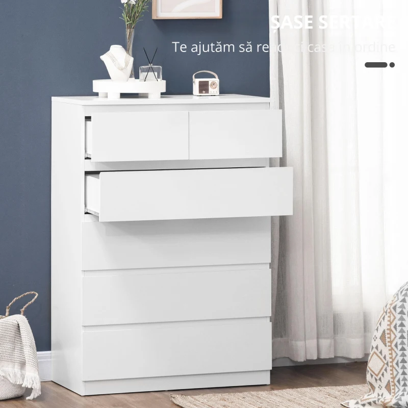 HOMCOM Comodă, Dulap de Depozitare cu 6 Sertare pentru Dormitor, Living, 80x39x115 cm, Alb