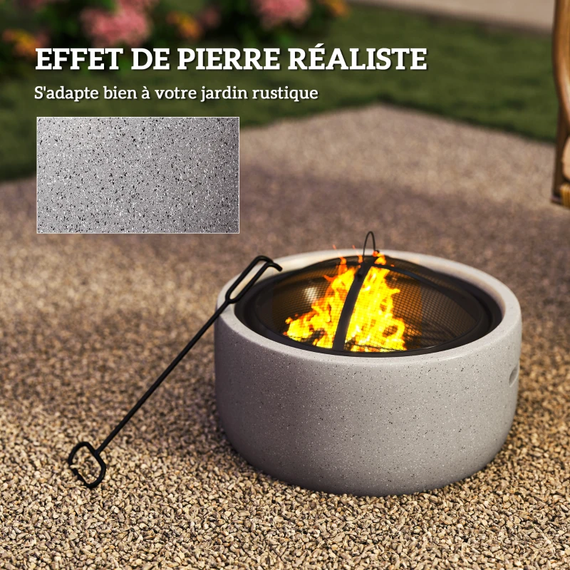 Outsunny Brasero cheminée foyer extérieur rond à bois en métal tisonnier pare-étincelle grille et poignée diamètre 45 cm gris