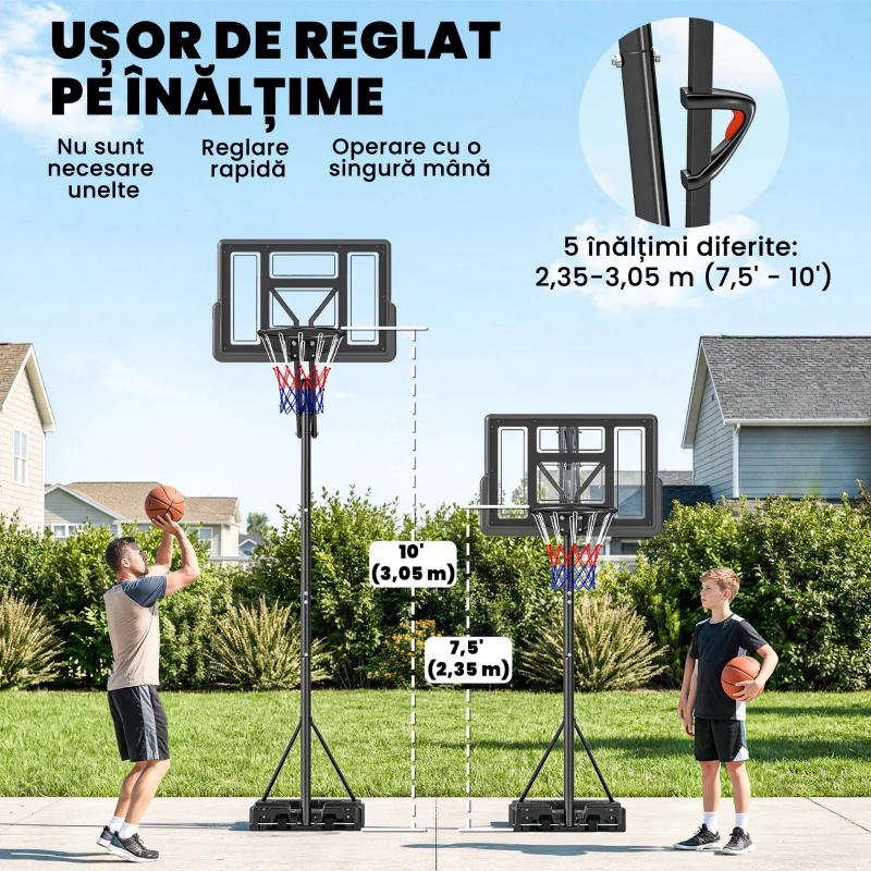 SPORTNOW Coș de Baschet Reglabil 235-305cm, Rezistent la Impact, Negru