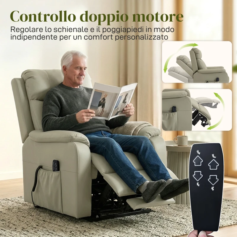 HOMCOM Poltrona Elettrica Alzapersona Reclinabile 170° in Pelle Finta Traspirante con 2 Motori, Telecomando, 4 Ruote, Freno, Poggiapiedi, Tasche Laterali, Crema