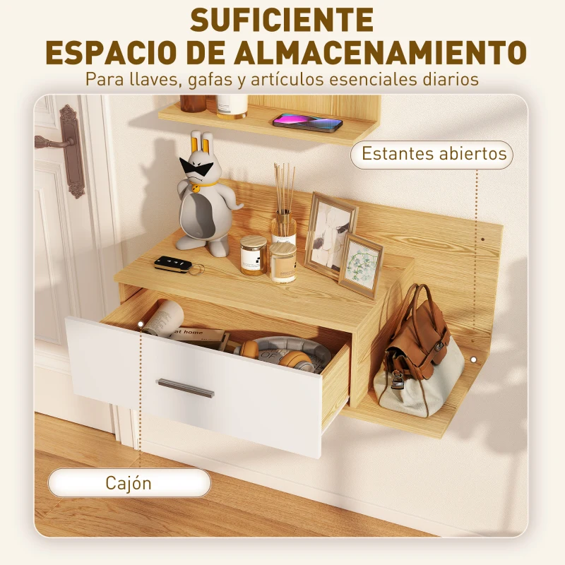 HOMCOM Conjunto de Recibidor de Entrada de Pared con Espejo y Almacenaje Espejo con Cajón y 2 Estantes Abiertos Madera Natural
