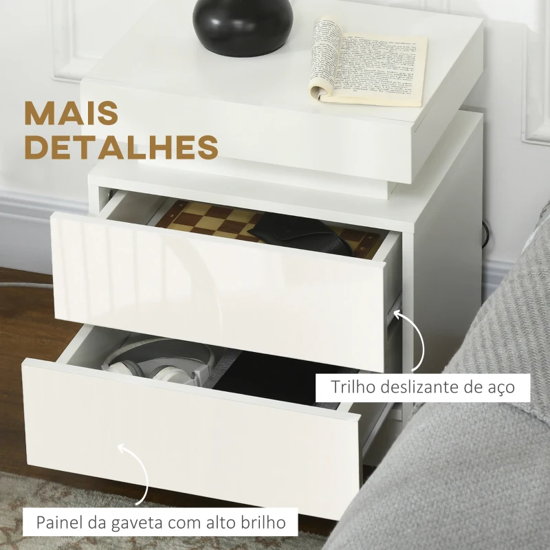 HOMCOM Mesa de Cabeceira com Luz LED Mesa de Cabeceira  Painel de Alto Brilho 2 Gavetas e Controlo 45x35x52 cm Branco