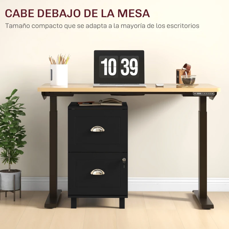 HOMCOM Archivator cu Încuietoare și 2 Sertare, Bare Ajustabile pentru Dosare A4 și Letter, Design Compact 40x41,5x67,5 cm Negru