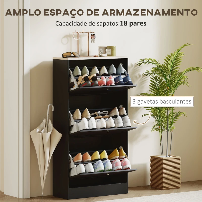 HOMCOM Móvel Sapateira de Entrada com 3 Gavetas Basculantes e Prateleiras Ajustáveis para 18 Pares de Sapatos 60x23,5x115 cm Preto