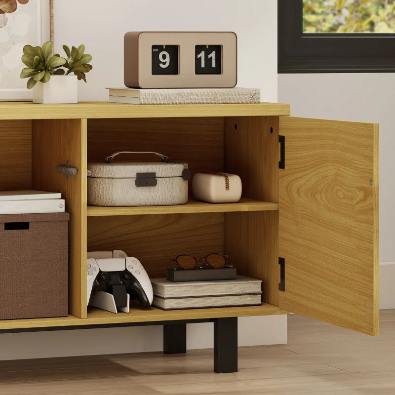 HOMCOM Comodă TV 180 cm, pentru televizoare de 208,3 cm, cu 4 uși cu deschidere prin apăsare 180x35x55,5cm lemn natural