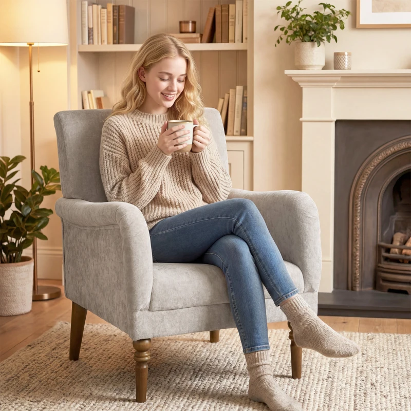 HOMCOM Sofá Individual Tapizado en Lino Reposabrazos Estilizados Patas de Madera Maciza Acolchado Grueso Gris