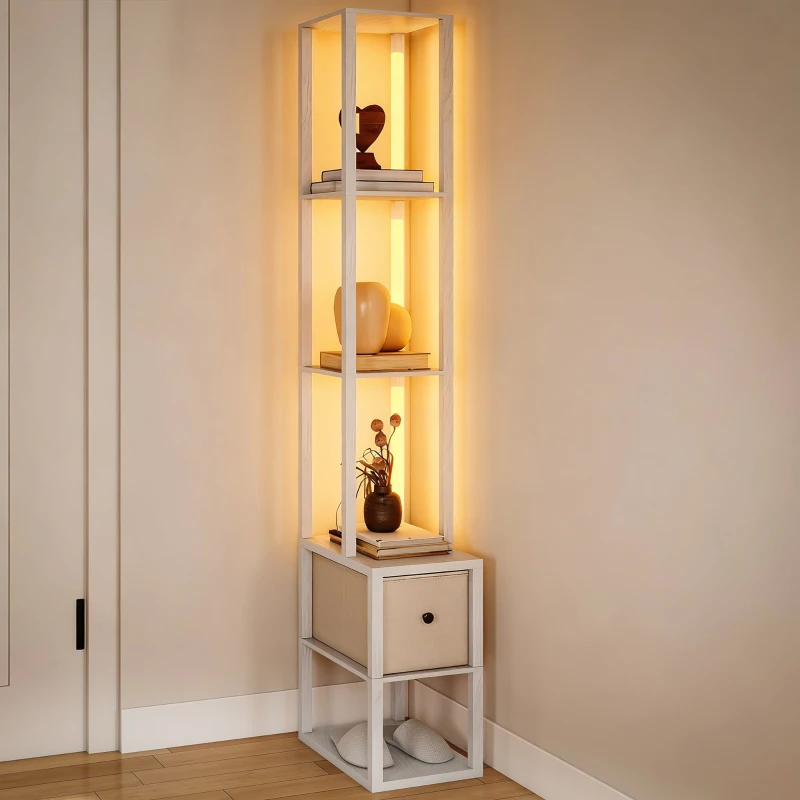 HOMCOM Floor Lamp with Shelves, LED Column Modern Standing Lamp with Fabric Drawer, Adjustable Brightness, Foot Switch for Living Room, Bedroom, Office, White