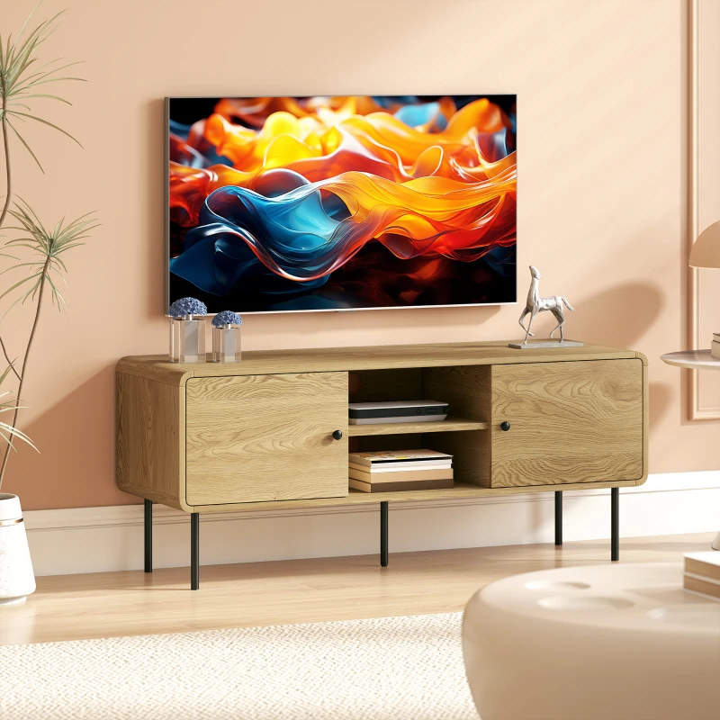 HOMCOM TV-Möbel, Fernsehschrank bis zu 140 cm mit 2 Türen, 2 offenen Fächern, Stahlfüßen, 120x40x50cm, Eiche