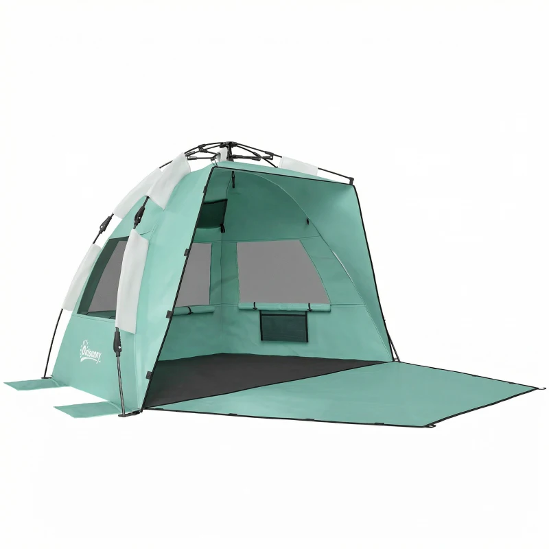 Outsunny 2-3 Person Pop Up Beach Tent, UPF15+ Sun Shelter with Extended Floor, Sandbags, Mesh Windows and Carry Bag, Green
