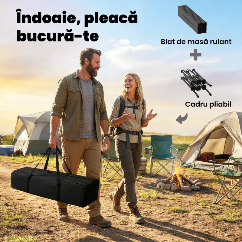 Masă de Picnic Pliabilă și Portabilă Outsunny cu Plasă de Depozitare și Geantă de Transport, pentru Camping și Exterior, Neagră