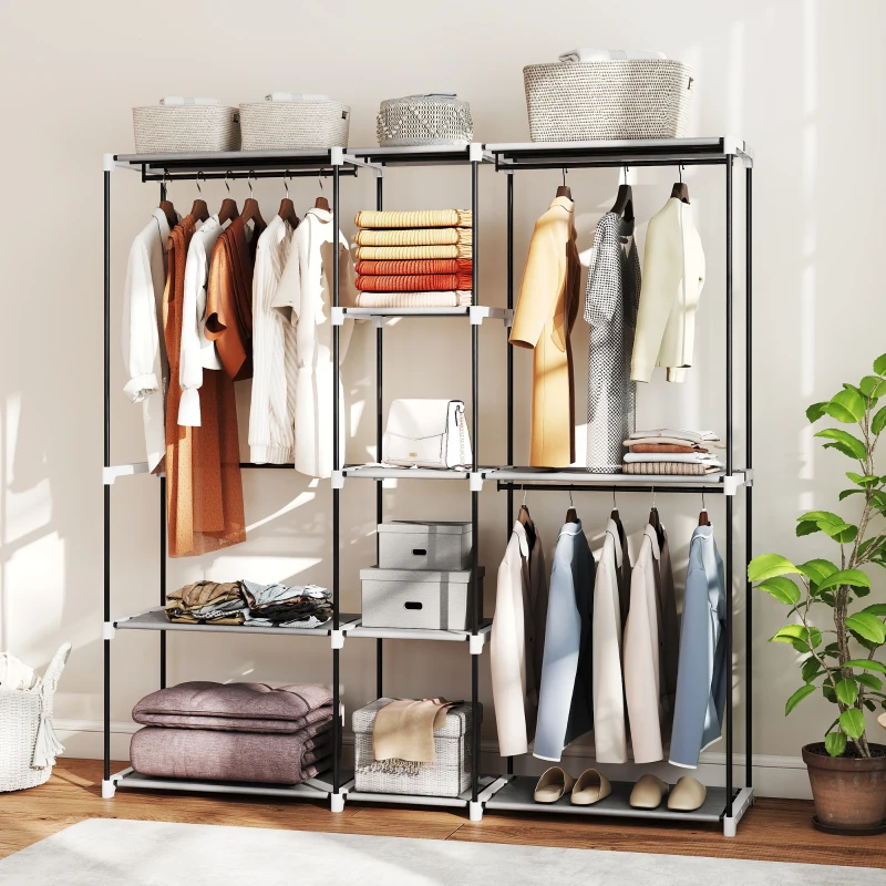 HOMCOM Kleiderschrank 182x43x185 cm Offener Schrank mit 8 Stoffregalen Kleiderstangen Metallrahmen Hellgrau