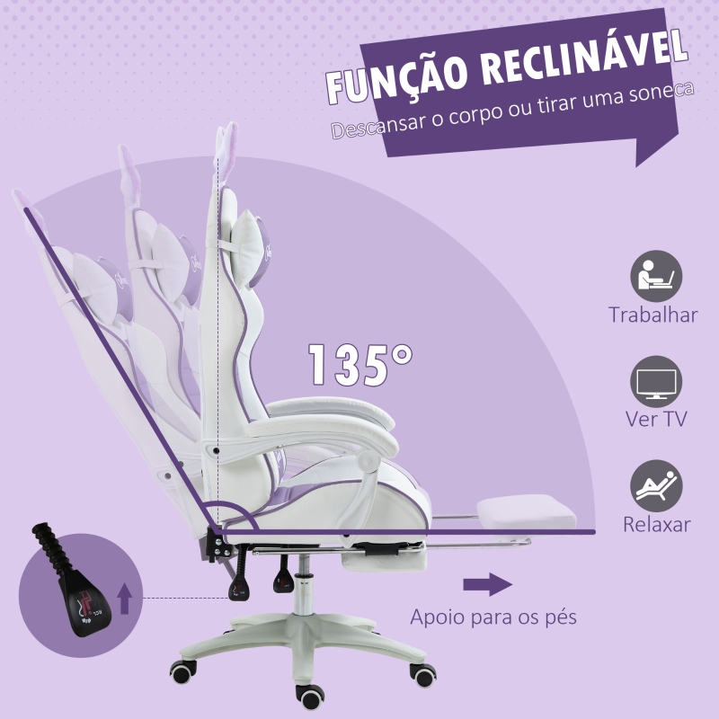 Vinsetto Cadeira Gaming Giratória de Couro PU com Altura Ajustável Inclinável 135° Apoio para a Cabeça 65x63x136-142 cm Branco e Roxo