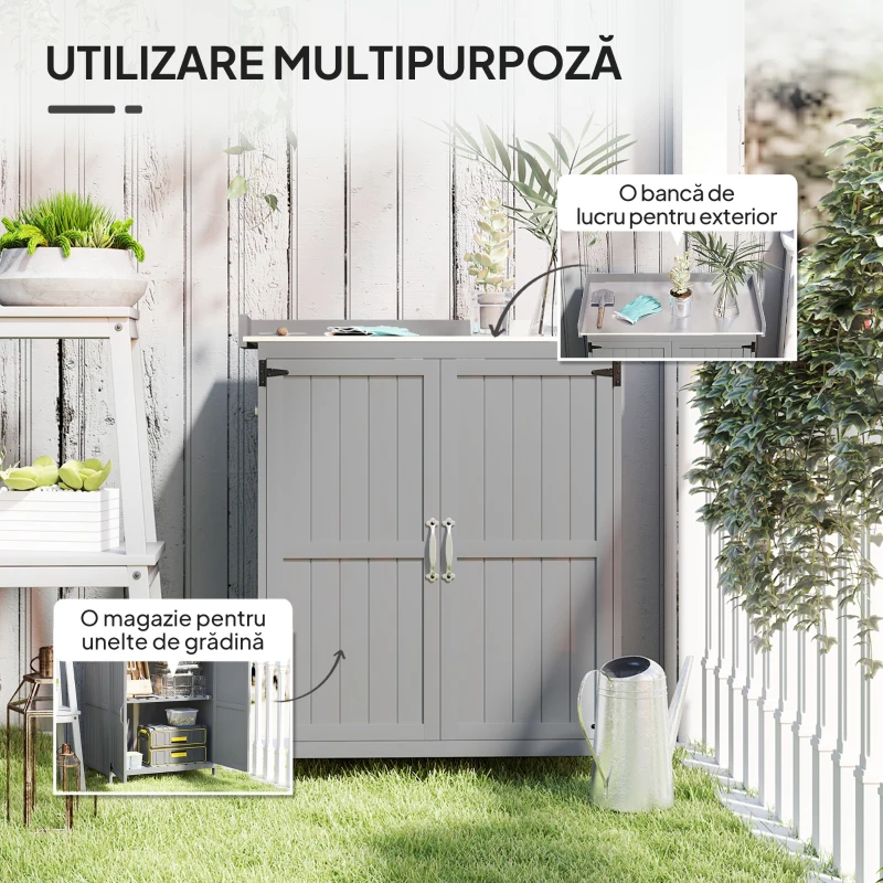 Outsunny Dulap de Grădină din Lemn de Brad, Căsuță pentru Depozitare Unelte de Exterior cu 2 Uși Blocabile, Blat Metalic și Raft, pentru Grădină, Terasă, Curte, 74x43x88 cm, Gri