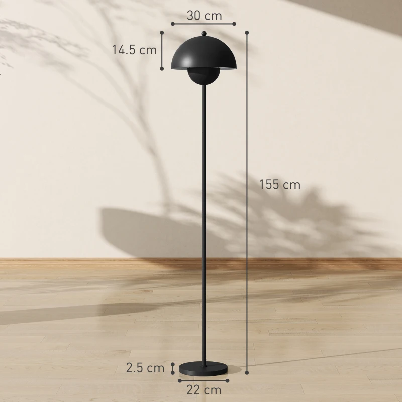 HOMCOM Lampă de podea pentru living modernă cu abajur în formă de cupă Comutator la picior Soclu E27 Fără bec Ø30x155 cm Negru