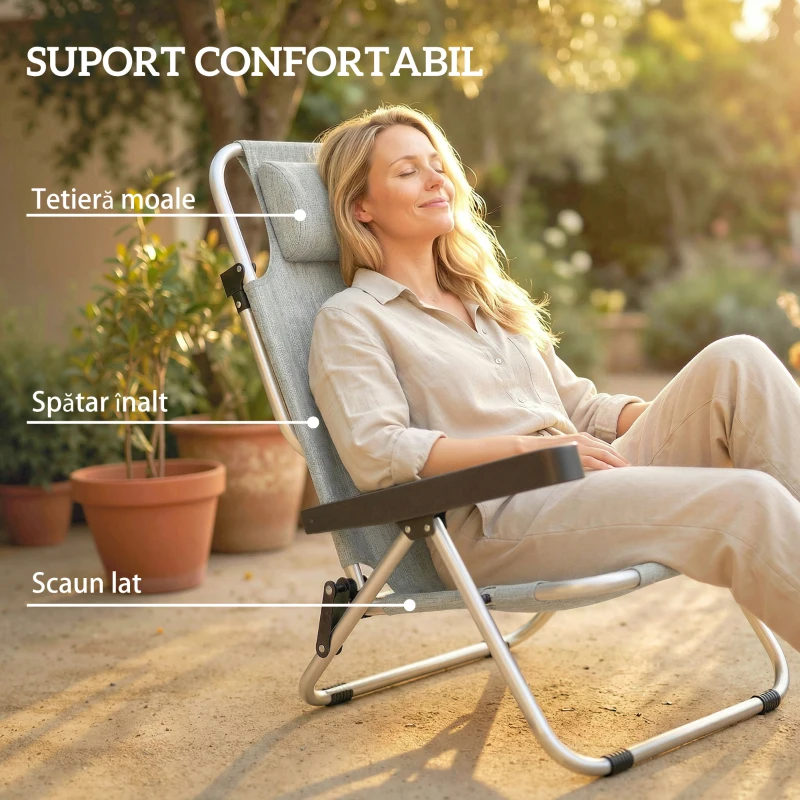 Set Outsunny 2 Șezlonguri Pliabile și Reclinabile pe 4 Poziții cu Suport pentru Cap, din Aluminiu, 62x61x80 cm, Gri