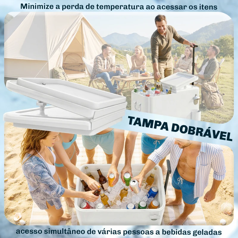 Outsunny Carro Frigorífico de 56L com Rodas Pega Ajustável Abre-garrafas Recolhe-tampas Dreno 75x35x120 cm Branco