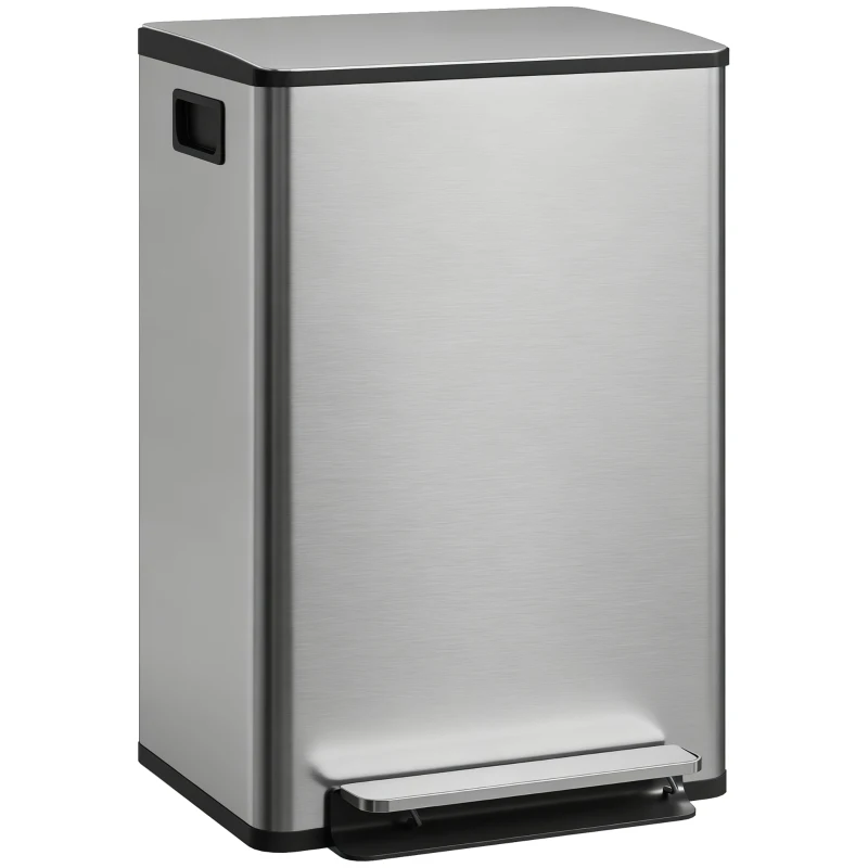 HOMCOM Küchen-Abfalleimer 50 l, Pedal-Mülleimer, herausnehmbarer Inneneimer, Soft-Close-Deckel, 41,7x36,6x62 cm, silber