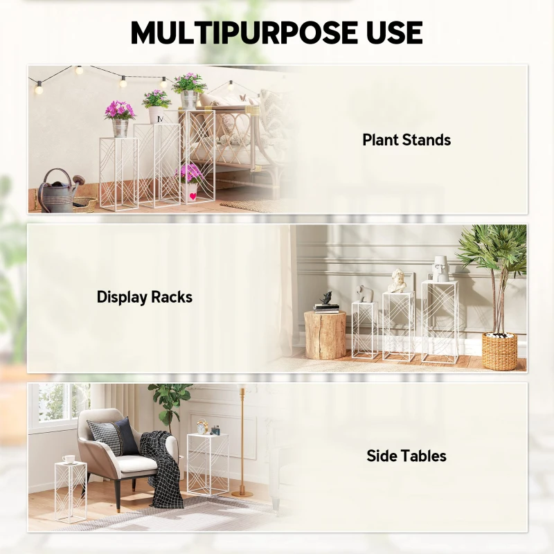 Outsunny Zestaw 3 stojaków na rośliny, 50/60/70 cm wysokości, składane regały na rośliny metalowe, biały