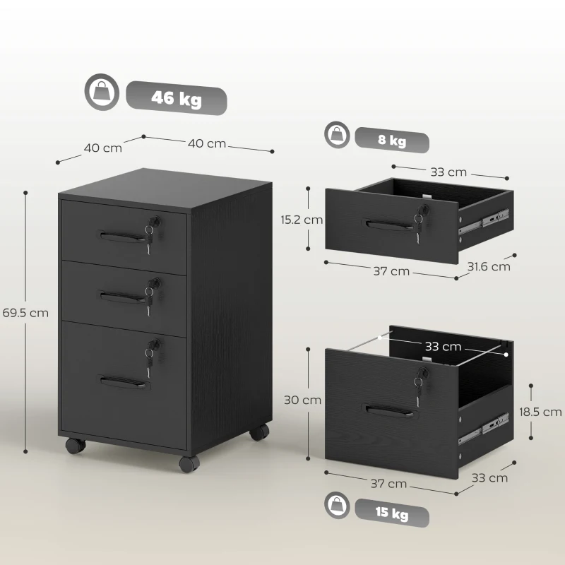 HOMCOM Three Drawer Wood-Effect Filing Cabinet - Black
