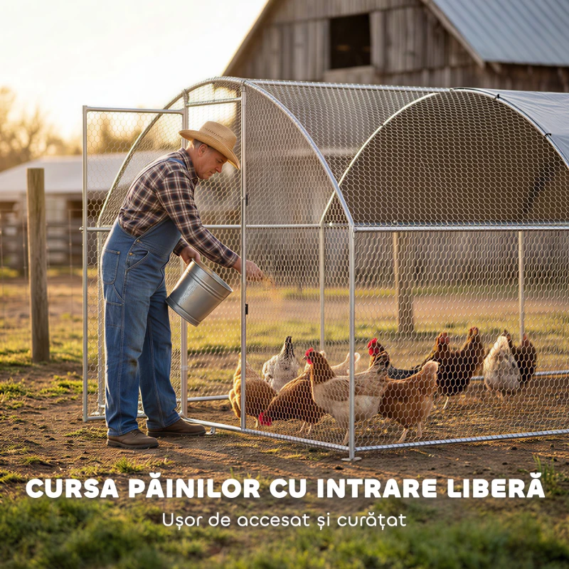 PawHut Țarc pentru Găini de Exterior, 2.8x3.4x1.9m, 9.5㎡ Țarc Metalic din Oțel Galvanizat cu Acoperiș Impermeabil Anti-UV și Încuietoare, Coteț pentru 10-16 Găini, Iepuri și Rațe