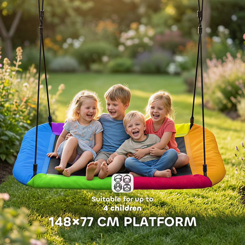 AIYAPLAY Huśtawka typu gniazdo regulowana do 300 kg z regulowanymi linami dla dzieci w wieku 3-8 lat 148x77x180 cm wielokolorowa