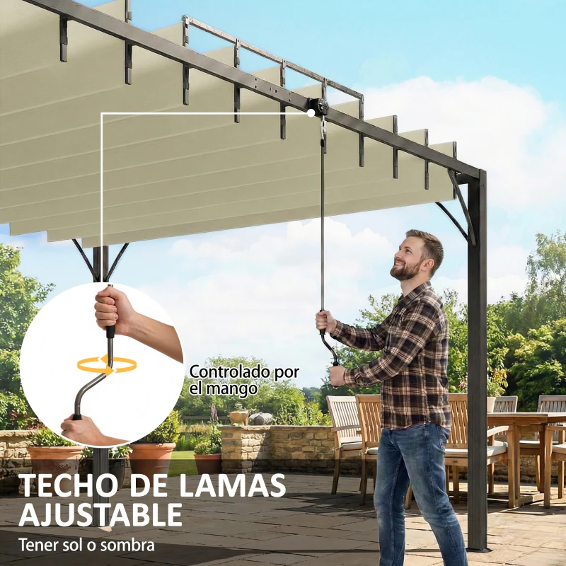 Outsunny Pérgola de Jardín 3x4 m con Protección UPF30+ Gazebo con Techo Ajustable Estructura de Aluminio para Exterior Crema