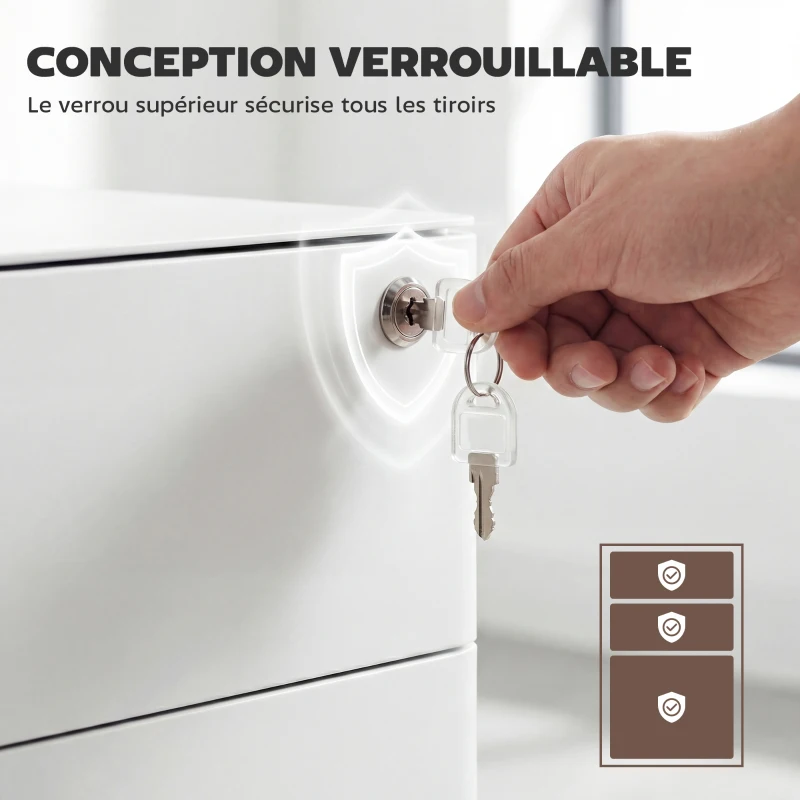 Vinsetto Caisson de bureau rangement bureau sur roulettes 3 tiroirs coulissants verrouillables trieur à dossiers dim. 39L x 48I x 59H cm acier blanc