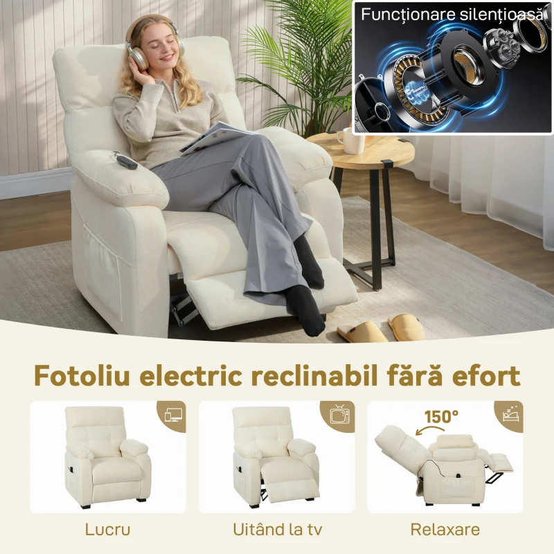 HOMCOM Fotoliu Reclinabil 150° cu Efect de Catifea, Suport pentru Picioare, Telecomandă și Buzunar Lateral, 96x90x105 cm, Alb