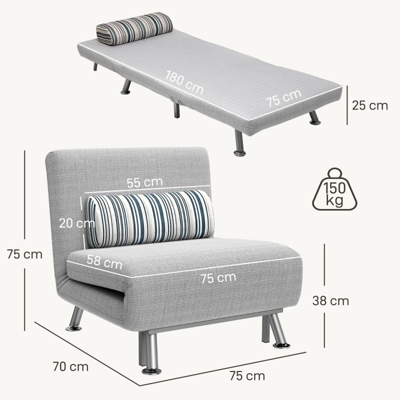 HOMCOM Single Sofa Bed, 1 Person Sleeper Foldable Lounge with Pillow, Light Grey