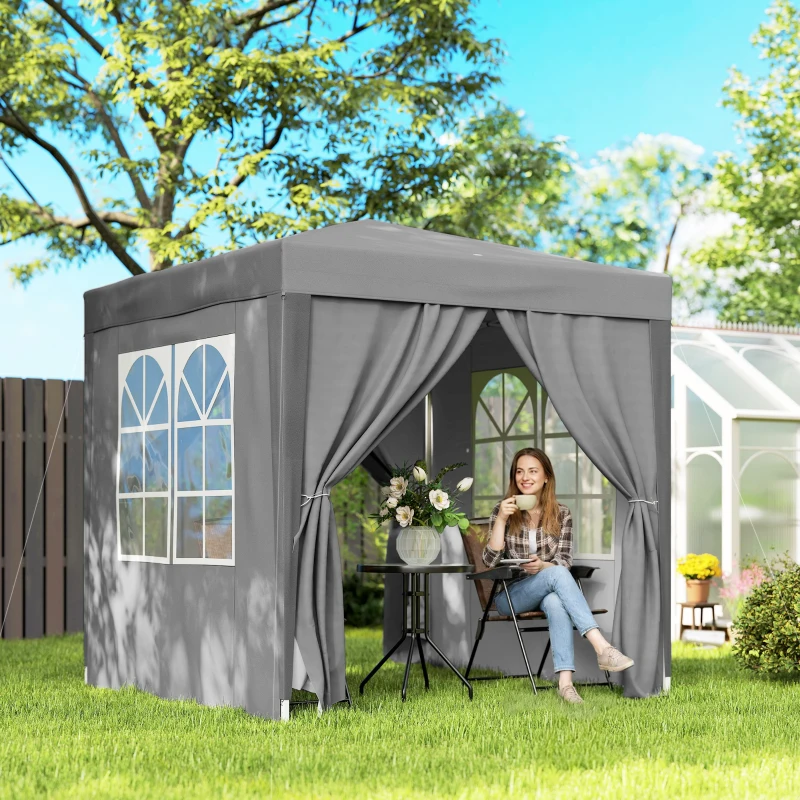Outsunny Tenda Dobrável 2x2m com 4 Paredes Laterais Tecido Oxford 2 Janelas e Saco de Transporte Anti-UV Impermeável Cinzento