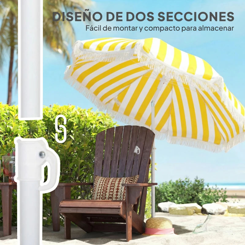Outsunny Sombrilla de Playa con Flecos Ø180 cm Sombrilla de Terraza Exterior Altura Ajustable Inclinación 30° Amarillo y Blanco