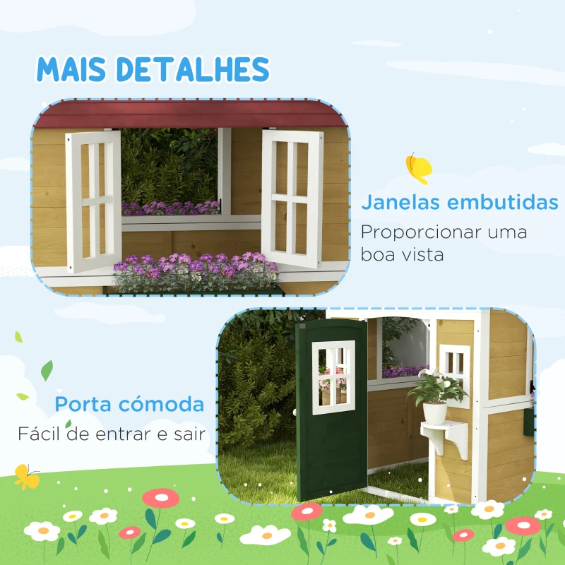 Outsunny Casinha de Madeira Infantil com Porta Janelas Floreiros e Prateleiras com Detalhes Coloridos 114x126,4x135 cm Natural