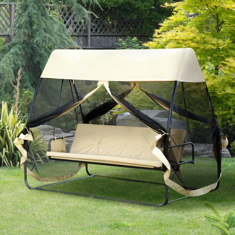 Outsunny Balancelle de Jardin Convertible 3 Places Grand Confort : Matelas Assise Dossier, moustiquaire intégrale zippée avec Toit, Pochette Rangement métal époxy Polyester Beige