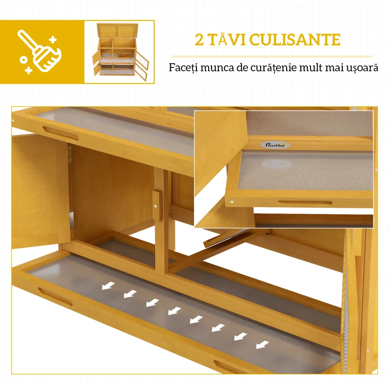 PawHut Cușcă pentru Iepuri cu 2 Niveluri din Lemn de Brad și Bitum cu Rampă, 2 Tăvi Detasabile, 4 Uși, 97x44x91 cm, Galben