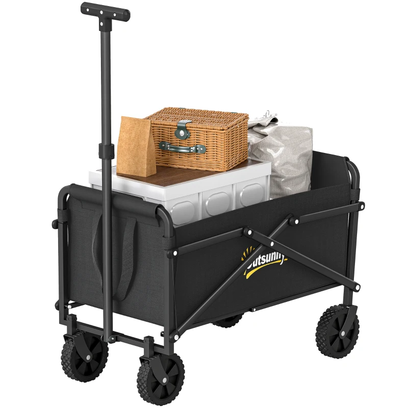 Outsunny Cărucior de Grădină Pliabil 41L cu 4 Roți, Trolley de Camping din Metal și Material Textil Oxford cu Geantă de Transport și Mâner Reglabil, Negru