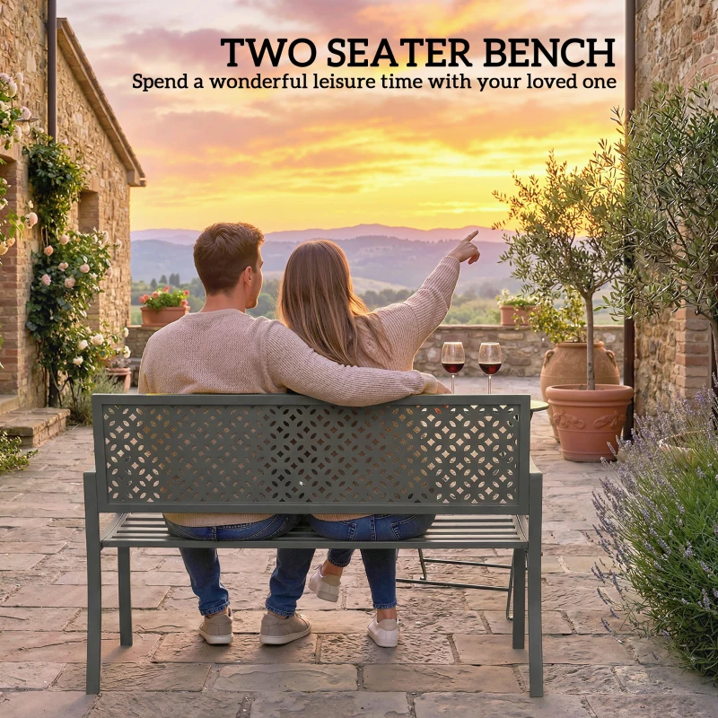Outsunny Ławka ogrodowa 2-osobowa Metalowa odporna na warunki atmosferyczne Ławka balkonowa z oparciem odpornym na rdzę Geometryczna wytrzymałość do 240 kg