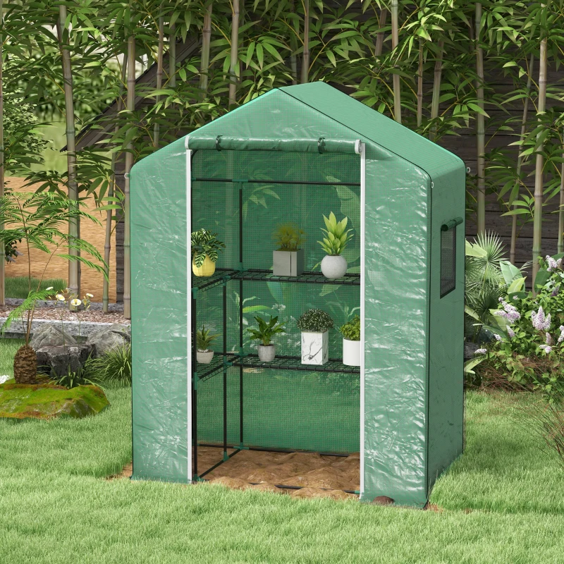 Outsunny Serre de jardin avec 1 porte, 2 fenetres et 2 étagères en forme de U pour Légumes Plantes Fleurs Bâche PE 140x73x190 cm