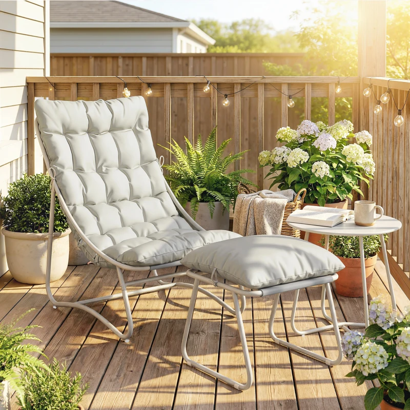 Outsunny Bistro Set for Garden, 3 Piece Outdoor Table and Chair with Footstool and Removable Cushions, Comfy Balcony Furniture