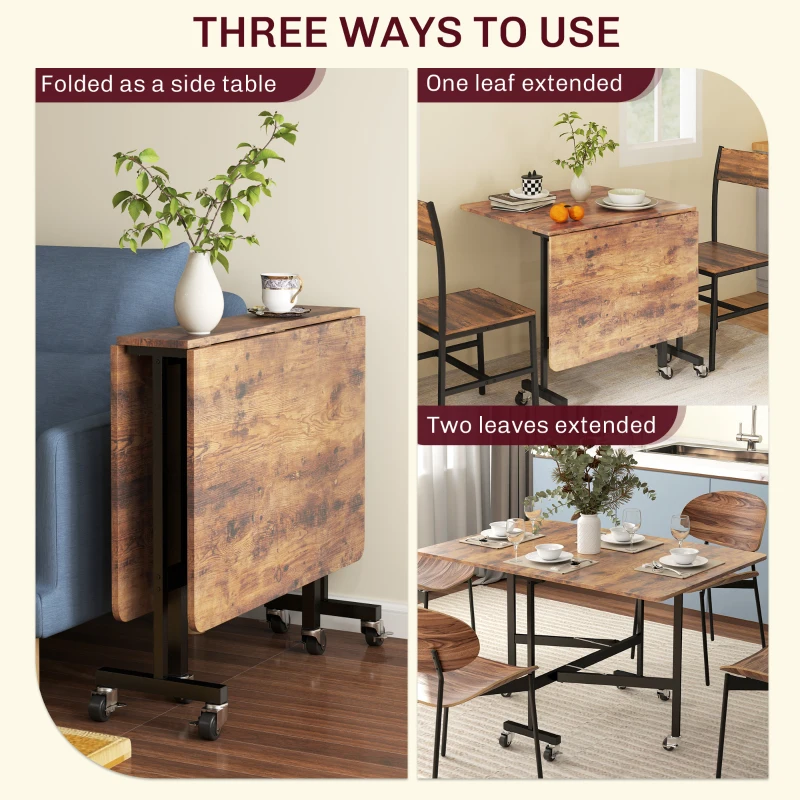 HOMCOM Składany stół jadalniany dla 4-6 osób z kółkami, stalowe nogi, mobilny stół do jadalni, do małych przestrzeni, kuchni, 120 x 80 x 73 cm, rustykalny brąz