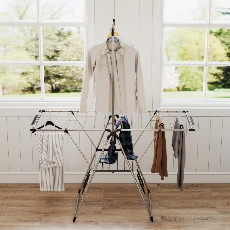 HOMCOM Suszarka składana, z regulowanymi skrzydłami, uchwytami na buty, stal nierdzewna, 156,5 x 68 x 192 cm, srebrna