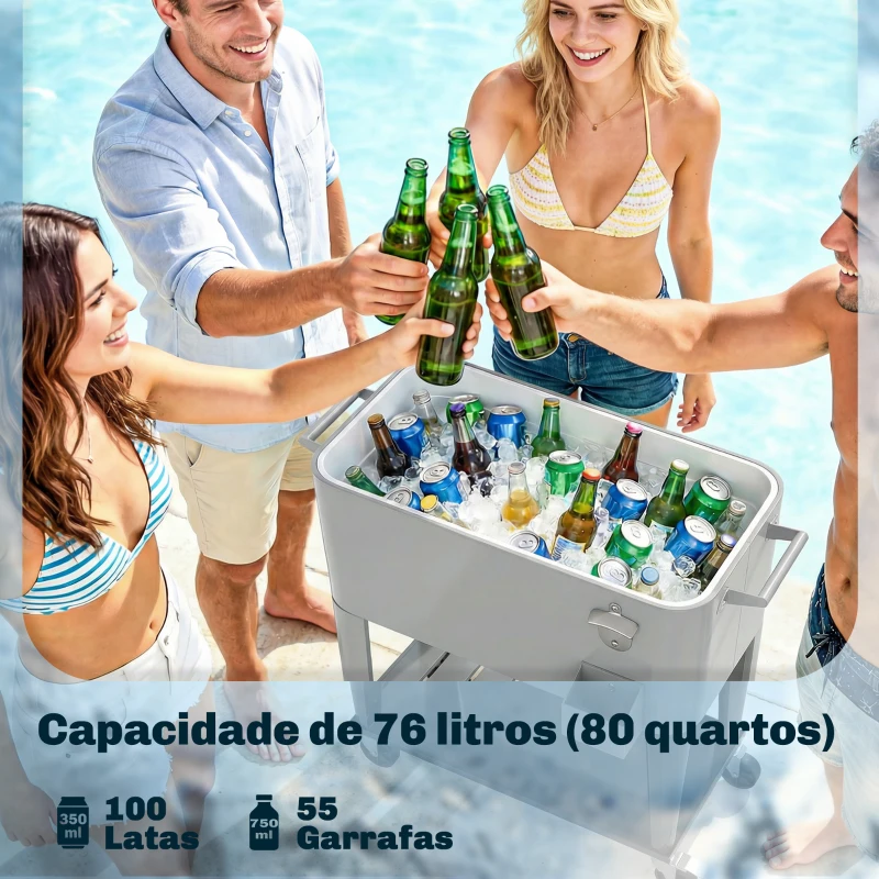 Outsunny Carrinho Refrigerador de 76L com Rodas Prateleira Abre-Garrafas Coletor de Tampas Dreno e 2 Alças para Pátio Festa 92x39x81 cm Prata