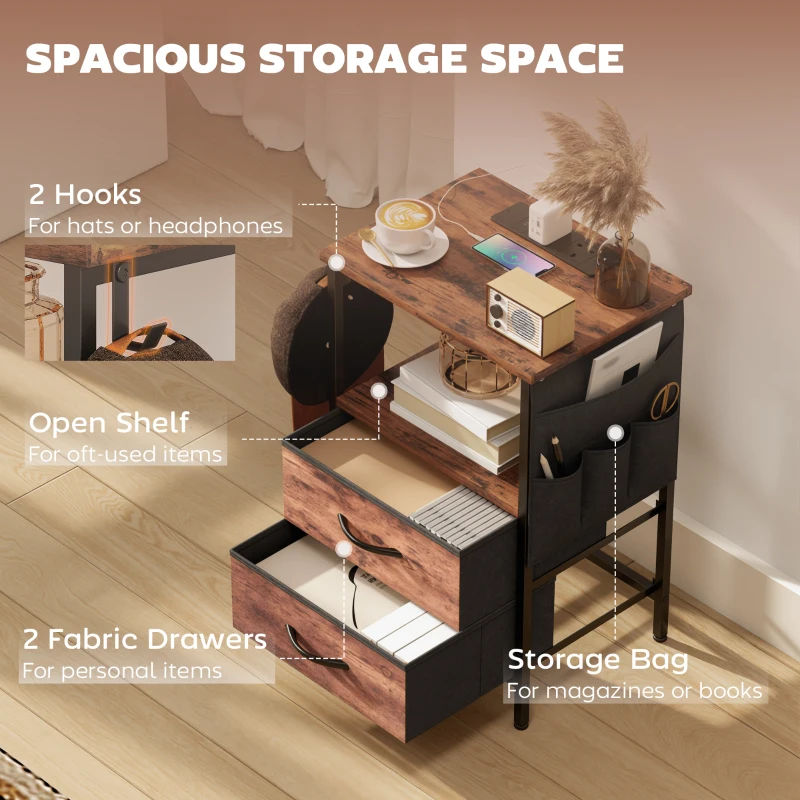 HOMCOM Bedside Table with Charging Station - Rustic Brown