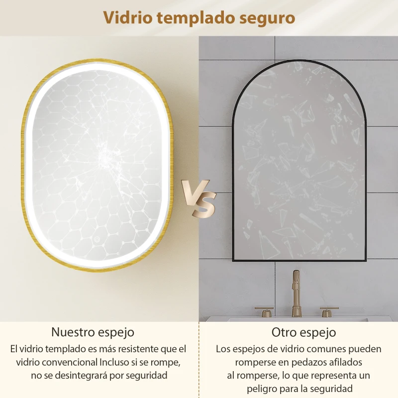 HOMCOM Armario de Baño con Espejo y Luces LED de 3 Colores Armario de Pared Ovalado con Función Memoria y Antivaho Dorado