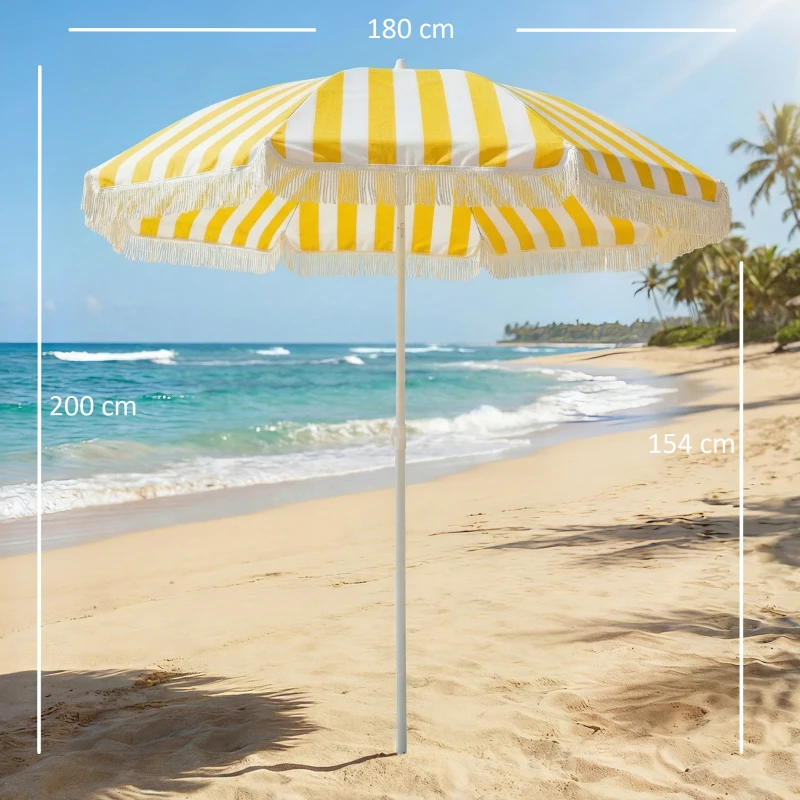 Outsunny Sombrilla de Playa con Flecos Ø180 cm Sombrilla de Terraza Exterior Altura Ajustable Inclinación 30° Amarillo y Blanco