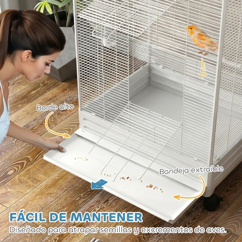 PawHut Jaula para Pájaros con Ruedas 79x65x155 cm Jaula Grande con 2 Comederos 8 Perchas y Bandeja Extraíble Blanco