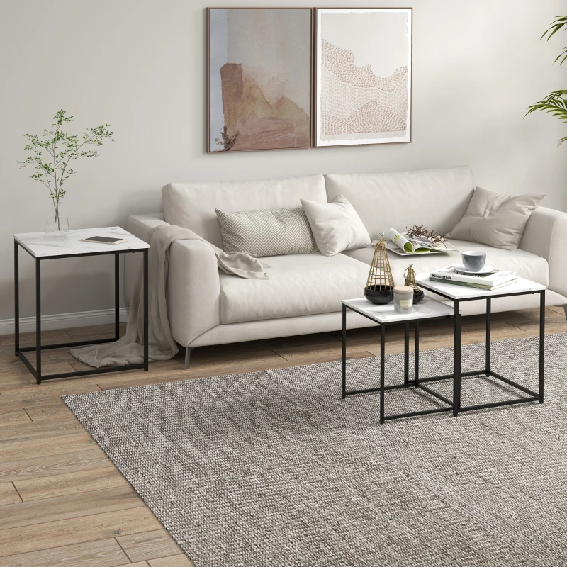 HOMCOM Lot de 3 tables basses carrées gigognes - acier noir panneaux aspect marbre blanc 50/45/39,5 cm
