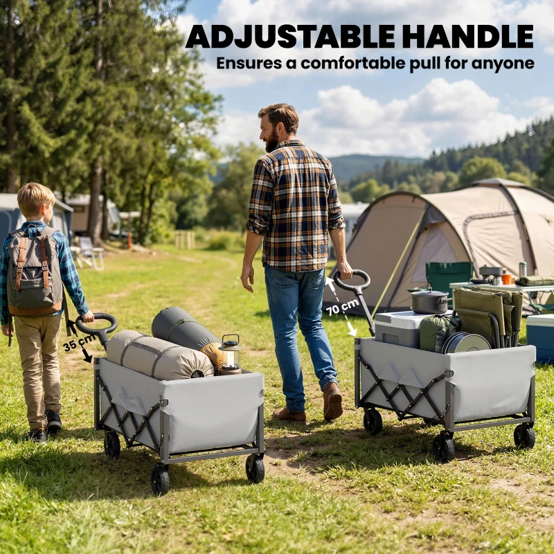 Outsunny 80L Foldable Festival Trolley on Wheels, Collapsible Wagon Cart with Drop-Down Tailgate, Adjustable Handle, Grey